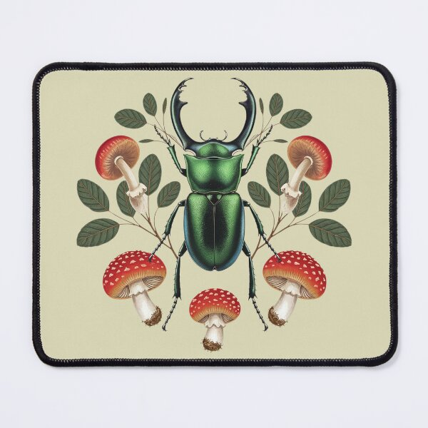 Item preview, Stag beetle "Lucanus cervus" and red mushrooms botanical illustration forest core nature insect goblincore designed and sold by Fantasy Cache.