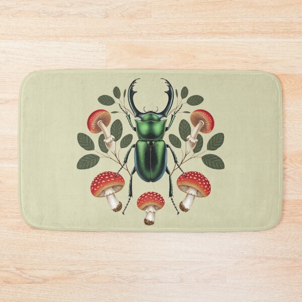 Item preview, Stag beetle "Lucanus cervus" and red mushrooms botanical illustration forest core nature insect goblincore designed and sold by Fantasy Cache.