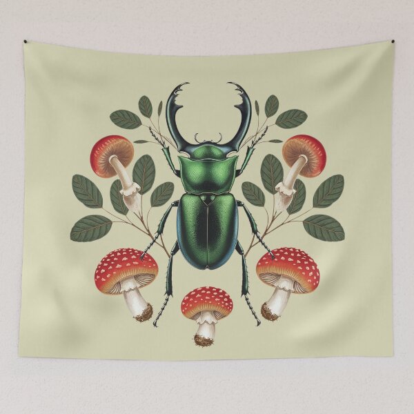Item preview, Stag beetle "Lucanus cervus" and red mushrooms botanical illustration forest core nature insect goblincore designed and sold by Fantasy Cache.