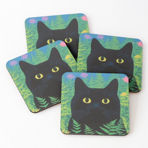 Item preview, Midnight in the Meadow: A sleek black cat with luminous eyes peers out from a vibrant, stylized garden, its dark fur contrasting beautifully with the surrounding flora. designed and sold by tamtana.