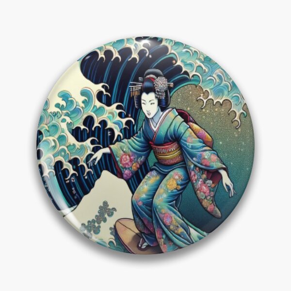 Aperçu de l'œuvre Geisha surfant sur la grande vague en kimono créée et vendue par SakuraJapanArt.