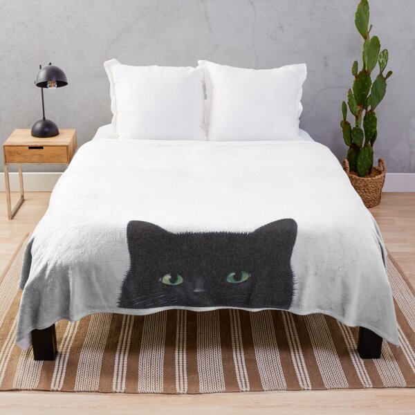 Item preview, Peek-a-Boo Black Cat: A playful, close-up portrait of a curious black cat with emerald green eyes peeking from behind a white background. Its fluffy fur and expressive gaze create a captivating image designed and sold by tamtana.