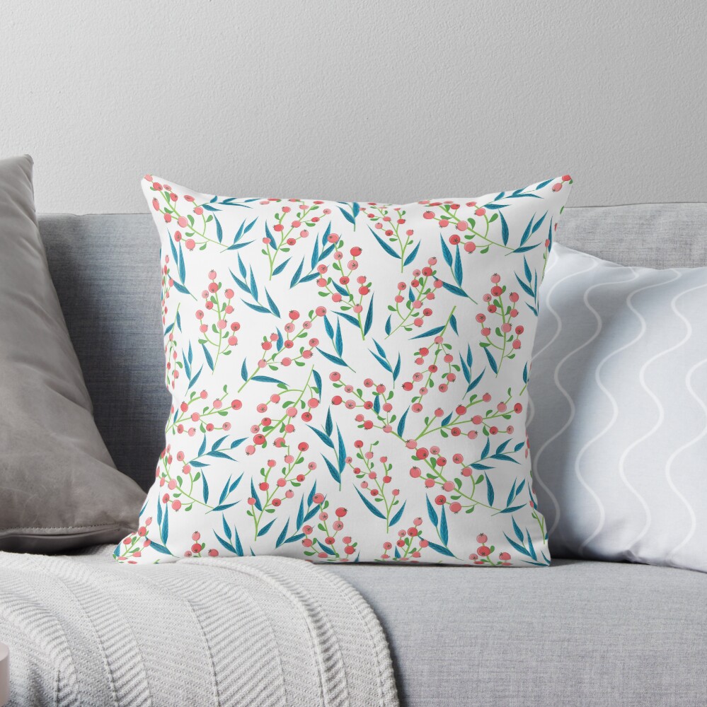 Red berry seamless pattern with leaf Throw Pillow