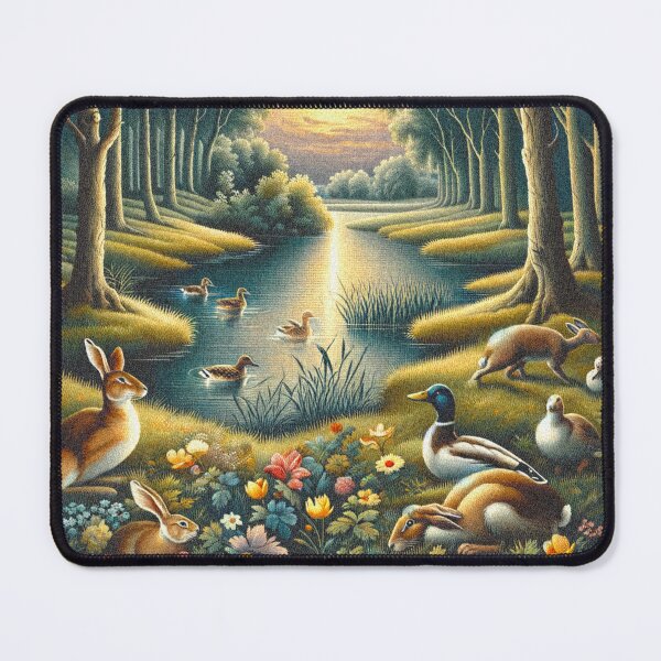 Item preview, Woodland Landscape, Rabbits and Ducks among the flowers,  Flemish Tapestry Art designed and sold by DrewRomeoCo.