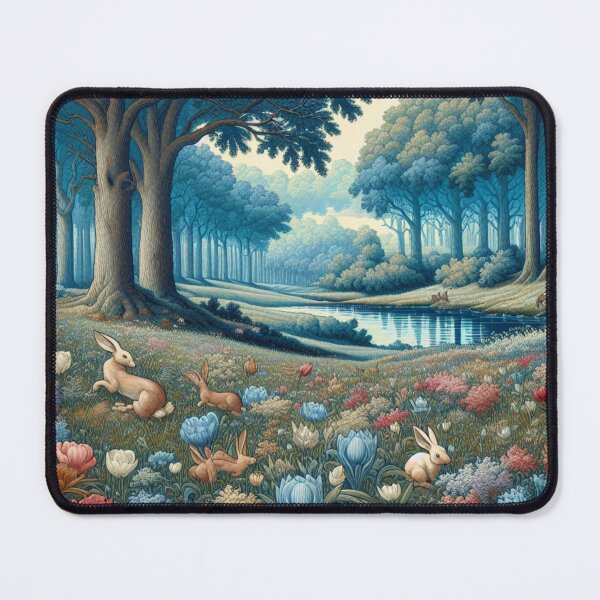 Item preview, Art Nouveau Woodland Landscape, Flemish Tapestry Flowers and Rabbits. designed and sold by DrewRomeoCo.