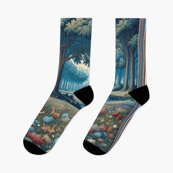 Item preview, Art Nouveau Woodland Landscape, Flemish Tapestry Flowers and Rabbits. designed and sold by DrewRomeoCo.
