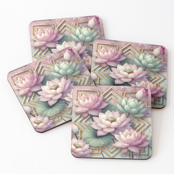 Item preview, Elegant Lotus Flowers in Soft Pastel Hues with Geometric Gold Accents designed and sold by TeslaSt0re.