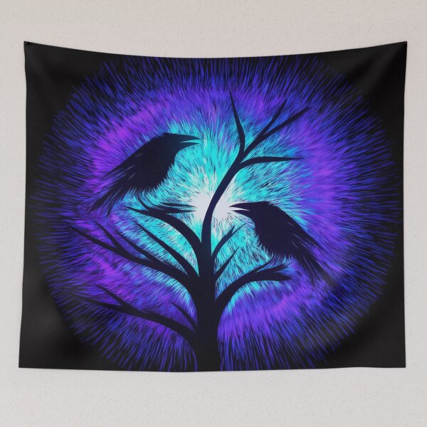 Item preview, Two crows sitting on a dead tree, dark composition/ indigo, blue. designed and sold by My-fake-places.