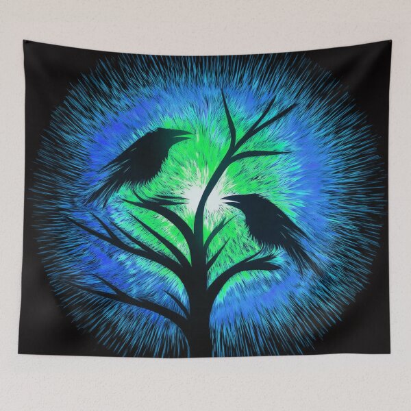 Item preview, Two crows sitting on a dead tree, dark composition/ blue, turquoise designed and sold by My-fake-places.