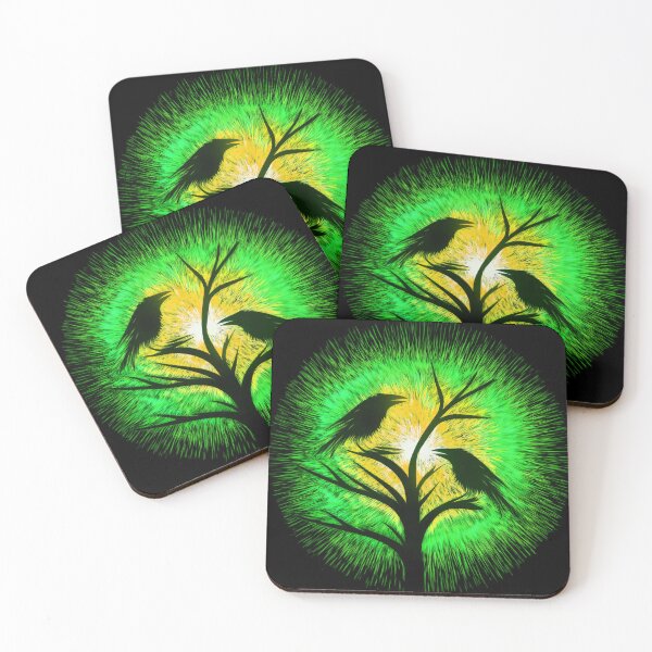 Item preview, Two crows sitting on a dead tree, dark composition/ green, yellow. designed and sold by My-fake-places.