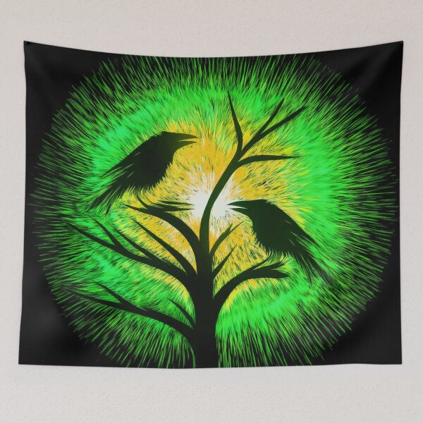 Item preview, Two crows sitting on a dead tree, dark composition/ green, yellow. designed and sold by My-fake-places.