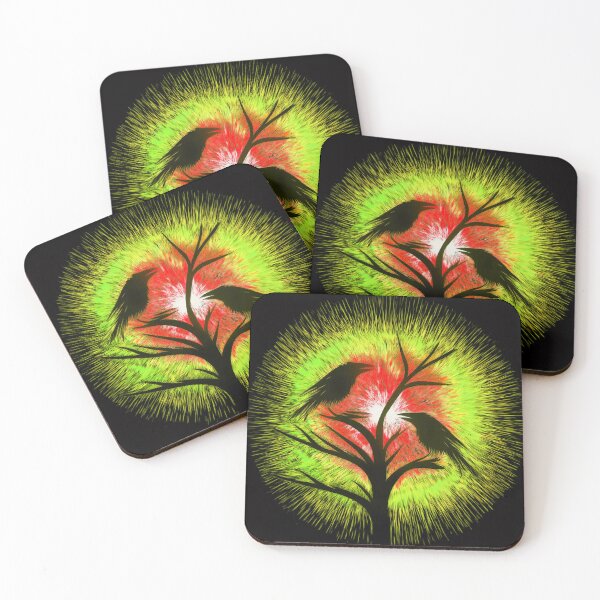 Item preview, Two crows sitting on a dead tree, dark composition/ red, yellow. designed and sold by My-fake-places.