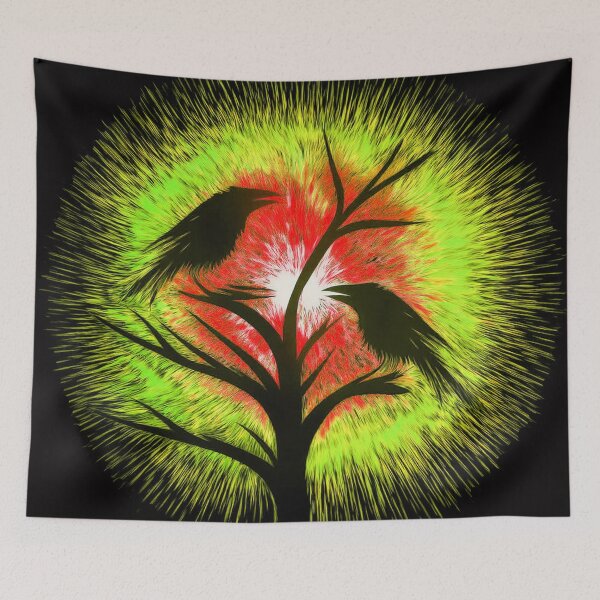 Item preview, Two crows sitting on a dead tree, dark composition/ red, yellow. designed and sold by My-fake-places.