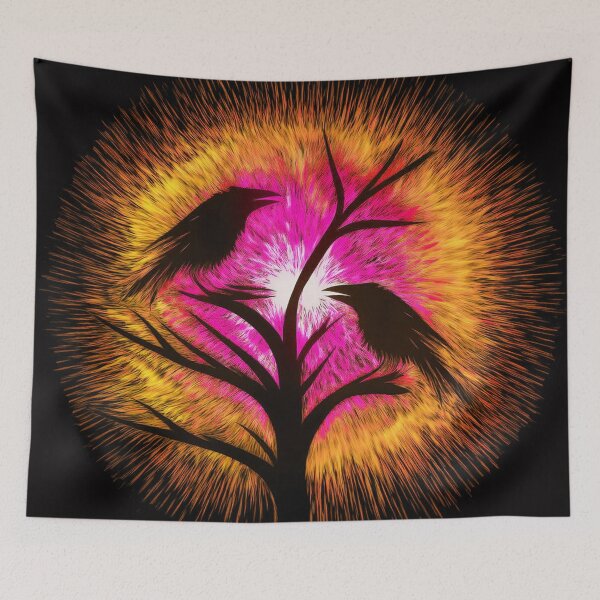 Item preview, Two crows sitting on a dead tree, dark composition/  orange, magenta. designed and sold by My-fake-places.