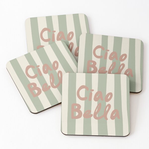 Item preview, Green and Beige Striped Art - "Ciao Bella" Pink Typography | Minimalist Modern Aesthetic designed and sold by Noma-Design.