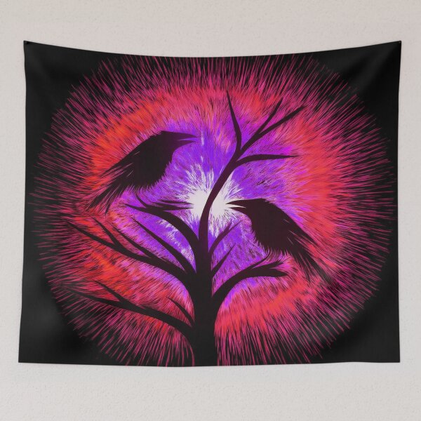 Item preview, Two crows sitting on a dead tree, dark composition/  magenta, violet. designed and sold by My-fake-places.