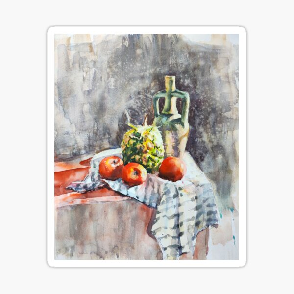 Artikel-Vorschau von Griechische Weinflasche mit Früchten, Aquarell Stillleben, Malerei, Küche Wandkunst, rote Äpfel Kunst, Wohnkultur,, designt und verkauft von lyatee.
