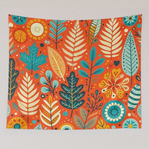 Item preview, Scandinavian folk art Oak Leaf pattern turquoise, orange and yellow by heidiannemorris designed and sold by FOLK ART FUSION.