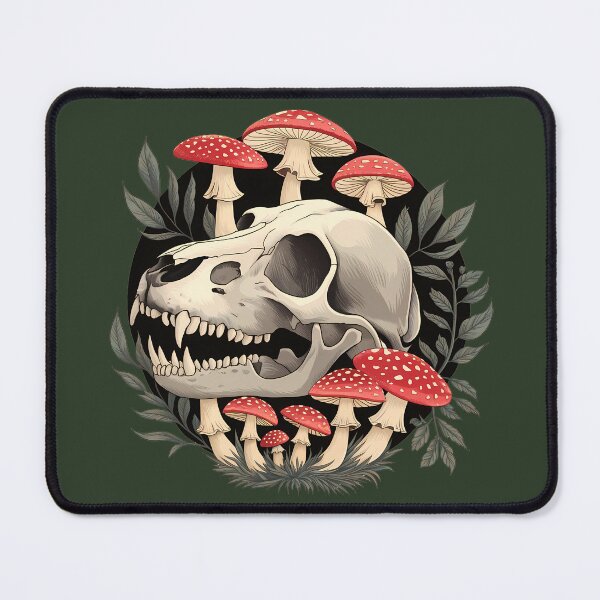 Item preview, Canine skull and red amanita mushrooms - goblincore aesthetic dark forest core oddities death cottagecore theme nature goblin skeleton foresty wood animal bones designed and sold by Fantasy Cache.