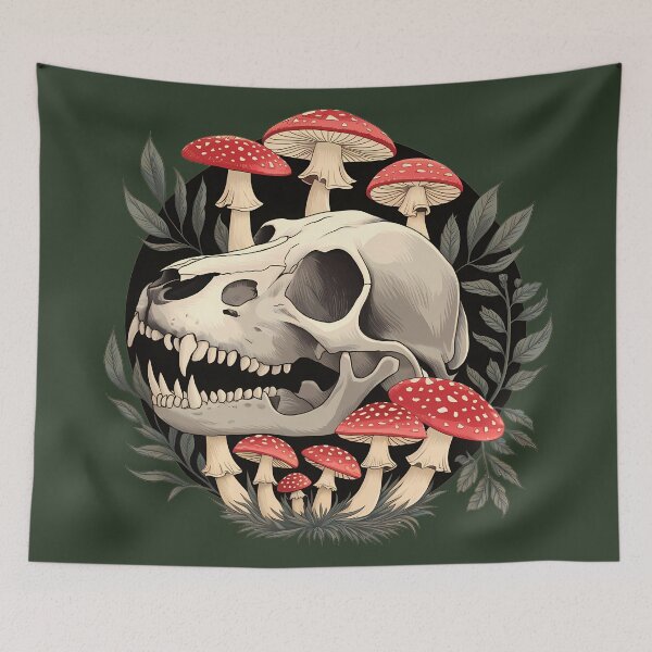 Item preview, Canine skull and red amanita mushrooms - goblincore aesthetic dark forest core oddities death cottagecore theme nature goblin skeleton foresty wood animal bones designed and sold by Fantasy Cache.