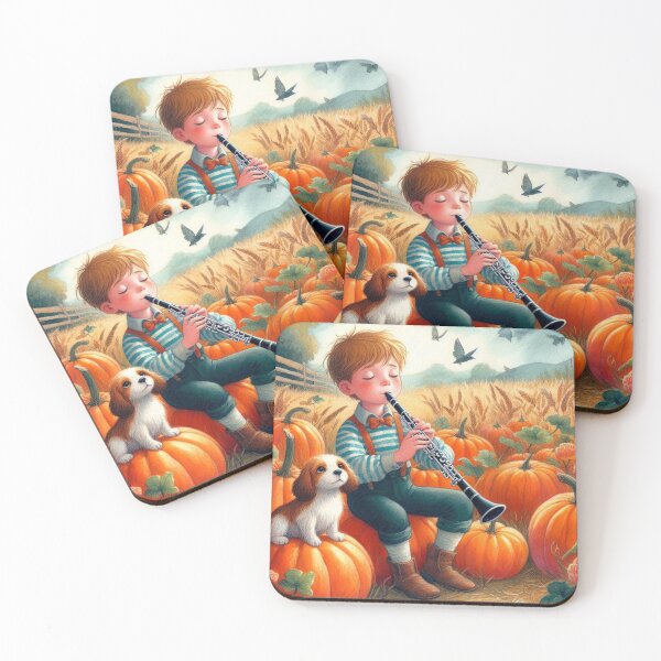 Item preview, Boy Playing Clarinet with Spotted Puppy and Birds in Pumpkin Patch designed and sold by ElegantTeaTime.