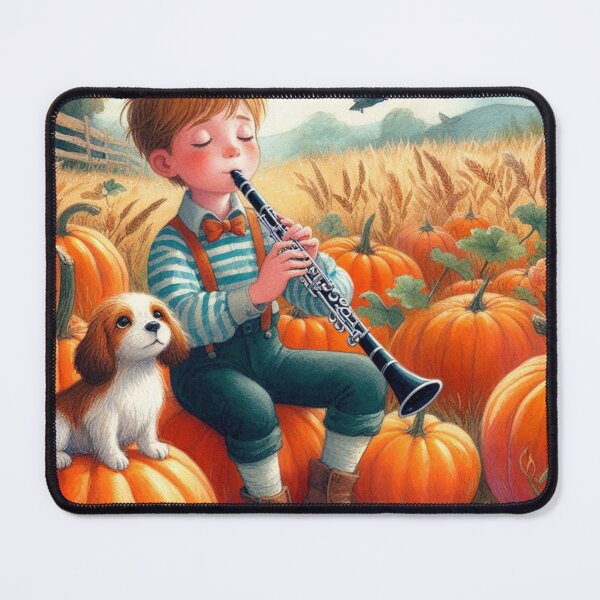 Item preview, Boy Playing Clarinet with Spotted Puppy and Birds in Pumpkin Patch designed and sold by ElegantTeaTime.