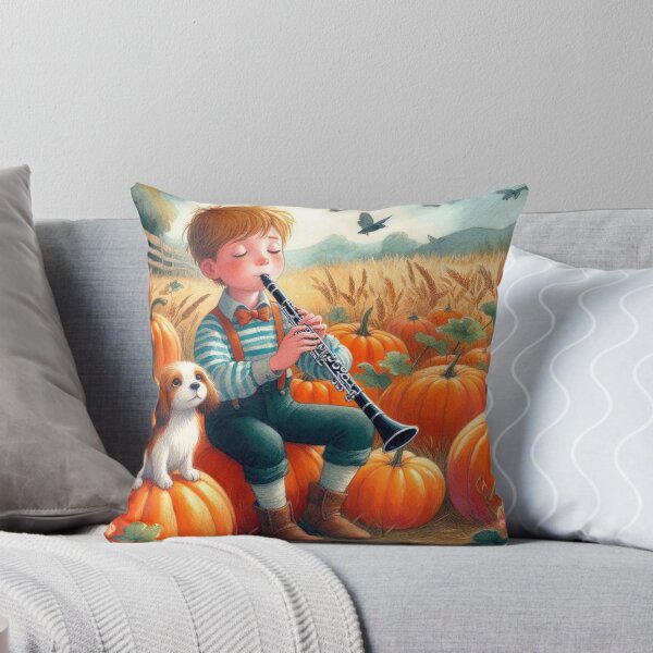 Item preview, Boy Playing Clarinet with Spotted Puppy and Birds in Pumpkin Patch designed and sold by ElegantTeaTime.