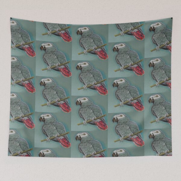 Item preview, African Grey Parrot artwork on blue/green background designed and sold by Jennifer Morcom.