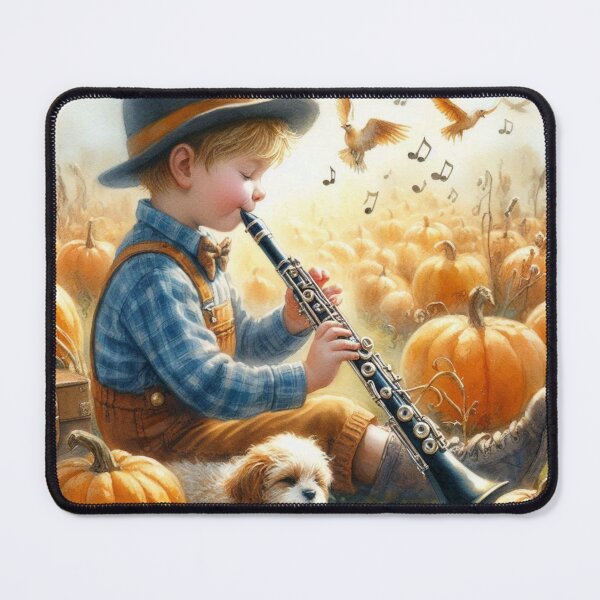 Item preview, Young Boy with Hat Playing Clarinet with Puppy and Birds in Pumpkin Patch designed and sold by ElegantTeaTime.