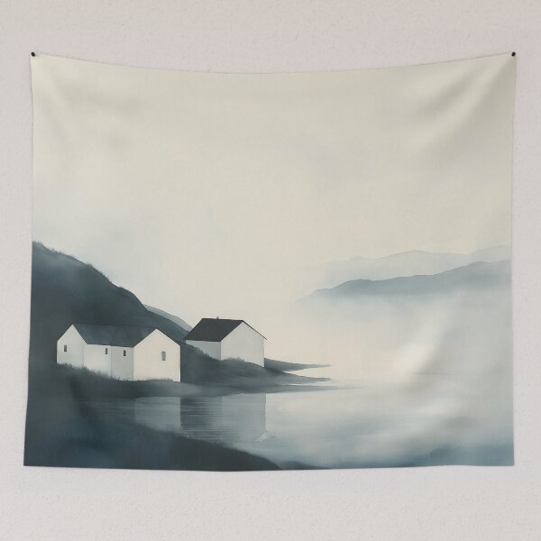 Item preview, Misty Lakeside Cottages | Tranquil Landscape Art Print designed and sold by solynneart.