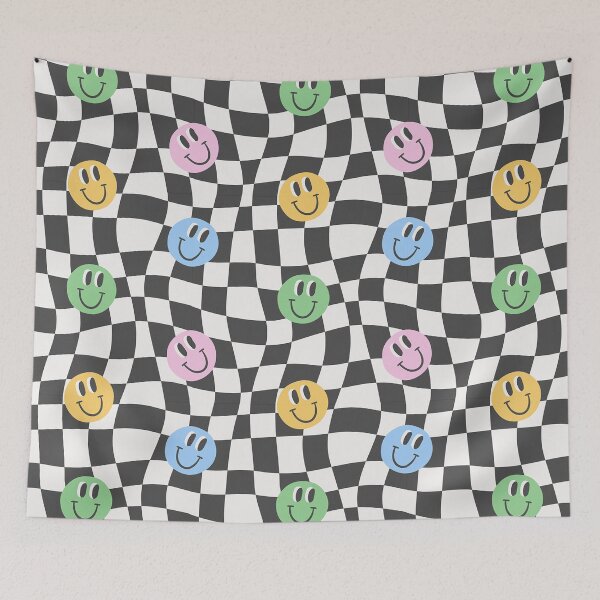 Item preview, Retro checkerboard smiling face repeating pattern, 70s aesthetic, 70s colours  designed and sold by CEB1700.