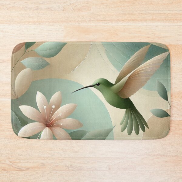 Item preview, Zen abstract humming bird, green leaves, pink flower designed and sold by ValerieStOnge.