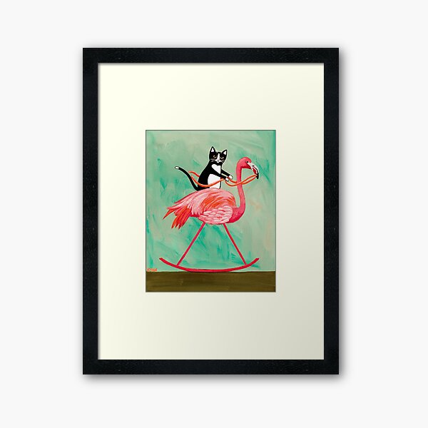 Cat on a Rocking Flamingo Framed Art Print