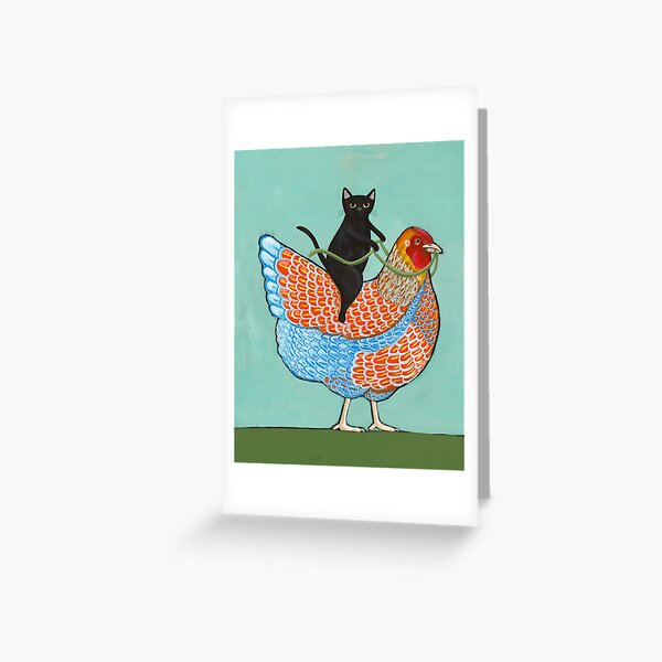 Chicken Ride Wyandotte and Black Cat Greeting Card