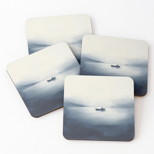 Item preview, Lone Boat in Misty Waters | Serene Ocean Landscape designed and sold by solynneart.