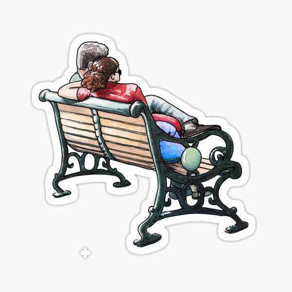 Digital Art Lovers Sweethearts on Park Bench Seat Romance Sticker