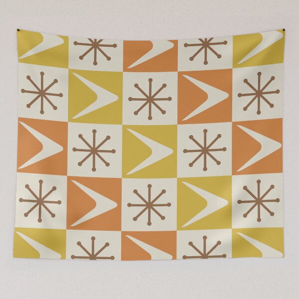 Item preview, Atomic Age Checkered Boomerangs Yellow Orange designed and sold by thepixelgarden.