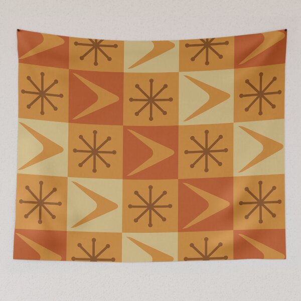 Item preview, Atomic Age Checkered Boomerangs Ochre designed and sold by thepixelgarden.