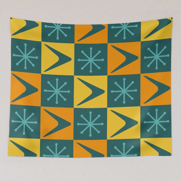 Item preview, Atomic Age Checkered Boomerangs Teal Multicolored designed and sold by thepixelgarden.