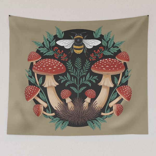 Item preview, Bee and red amanita mushrooms - cottagecore and goblincore aesthetic goblin girl forest core theme botanical illustration nature  designed and sold by Fantasy Cache.