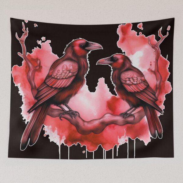 Item preview, Two crows sitting on a dead tree, dark watercolor composition/ red. designed and sold by My-fake-places.