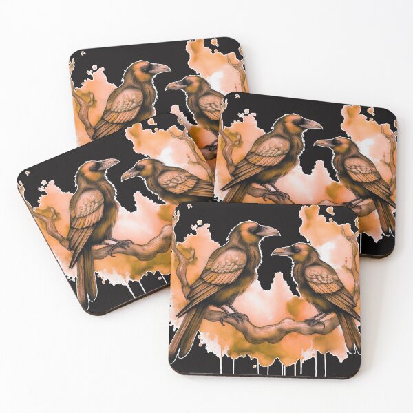 Item preview, Two crows sitting on a dead tree, dark watercolor composition/ orange. designed and sold by My-fake-places.