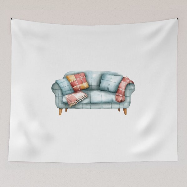 Item preview, Watercolor cozy winter hygge with fluffy knitted pillows on cozy sofa designed and sold by Jayjaynaenae.