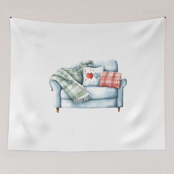 Item preview, Watercolor cozy winter hygge with fluffy knitted pillows on cozy sofa designed and sold by Jayjaynaenae.