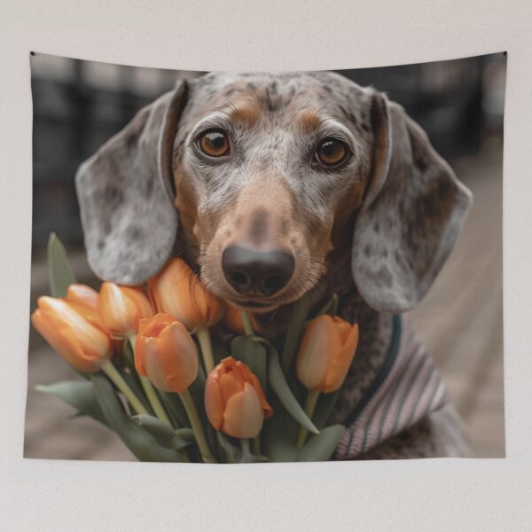 Item preview, Dachshund  receives a bouquet of Tulips designed and sold by DigiCre8.