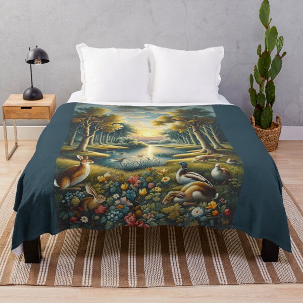 Item preview, Woodland Landscape, Rabbits and Ducks among the flowers, Flemish Tapestry Art designed and sold by DrewRomeoCo.