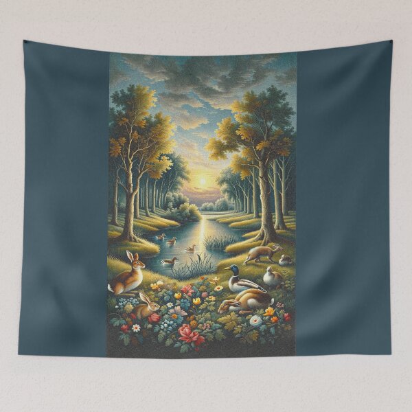 Item preview, Woodland Landscape, Rabbits and Ducks among the flowers,  Flemish Tapestry Art designed and sold by DrewRomeoCo.