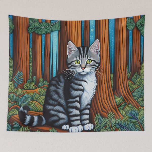 Item preview, Folk Art Kitten exploring Vancouver's Redwood Trees designed and sold by Colin Bentham.