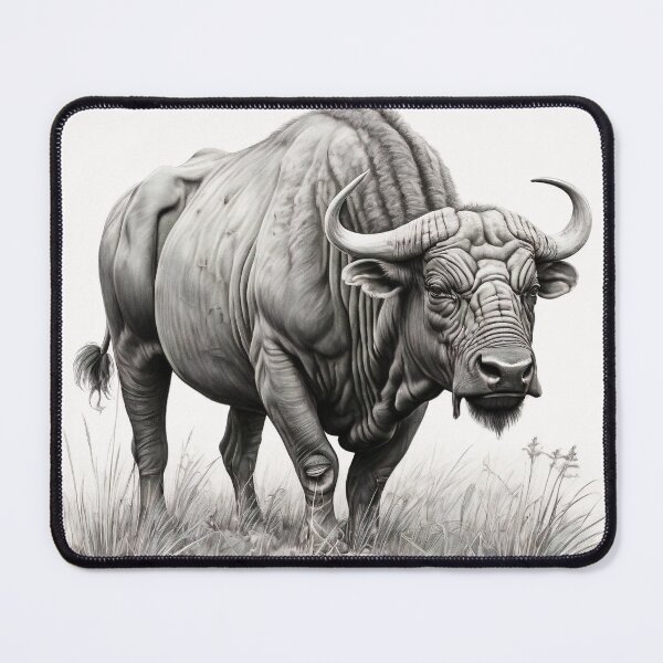 Item preview, Black and white water buffalo pencil drawing designed and sold by Pencil-Art.