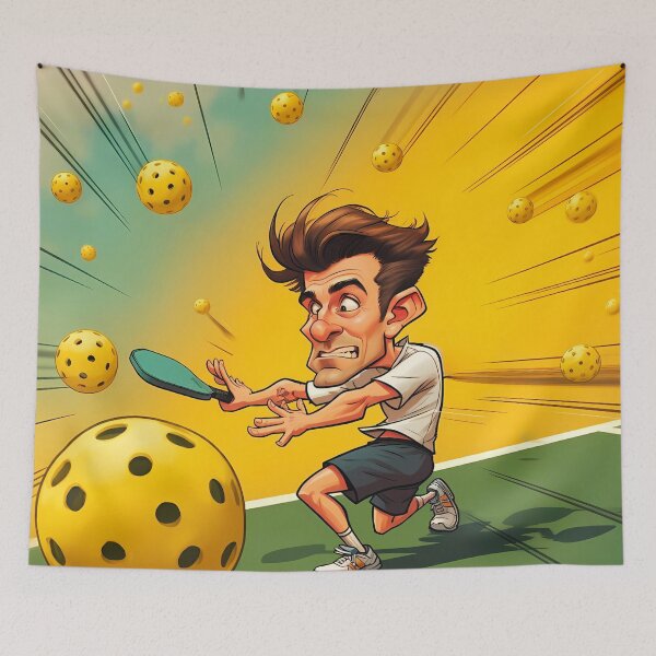 Item preview, Cartoon Athlete Dodging Pickleballs on Court designed and sold by OutofFocusShop.